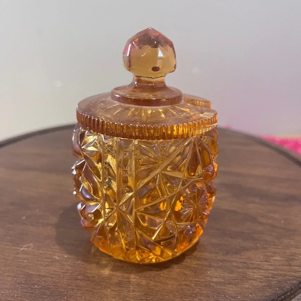 Vtg Westmoreland Amber Glass Jelly Jar Daisy Button Notched Lid MCM Jam Pot 4